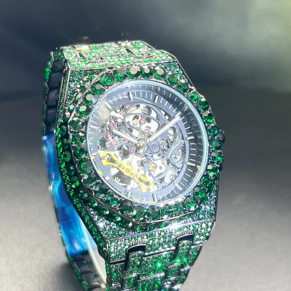 Luxury Men Automatic Wristwatch Top Brand Mechanical Skeleton Original Green Diamond Watches Waterproof Clock Relogio Masculin