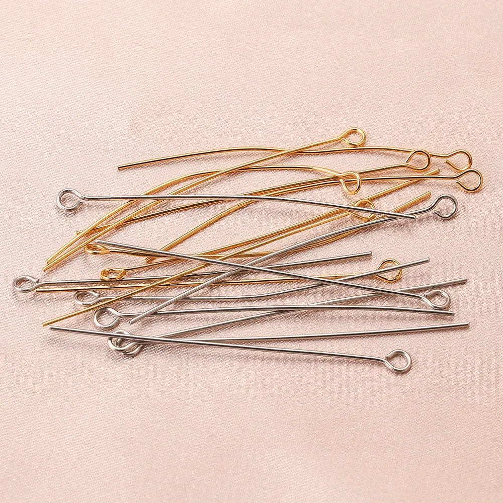 100pcs Gold-plate Stainless Steel Eye Head Pins Needles 15 20 30 40 50 mm for DIY Jewelry Finding Making Flat Supplies lots pin