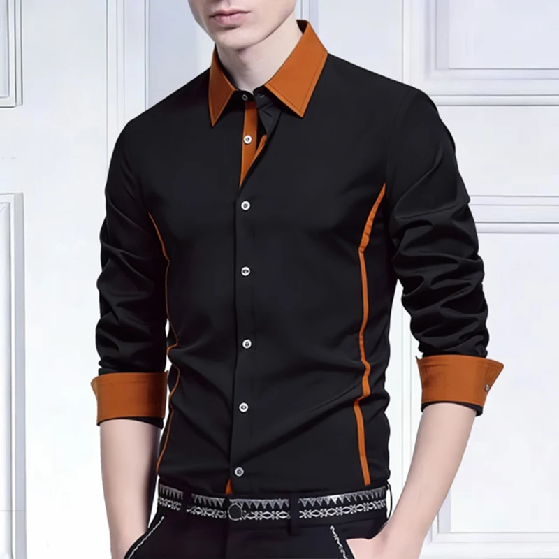 Spring Color Block Shirt Men Autumn New Fashion Long Sleeve Shirts Mens Casual Business Office Blouse Work Party Nightclub