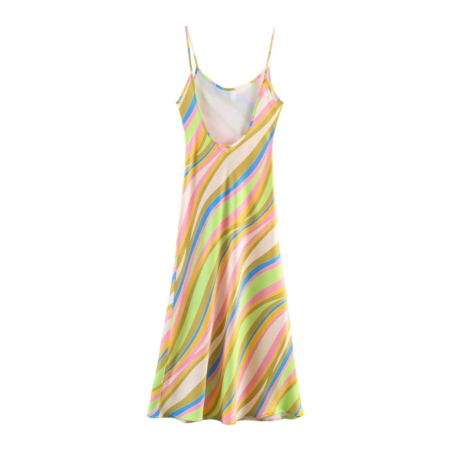 TFMLN Damen-Kleid mit gestreiftem Spaghetti-Träger, ärmellos, rückenfrei, Regenbogen-Print, Strandkleider, neues Sommer-Party-Chic-Damen-Outfit – Detail 3
