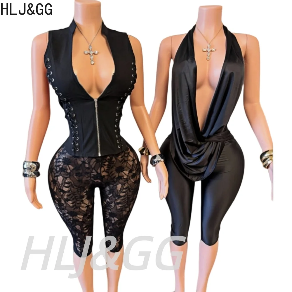 HLJ&GG Black Sexy Bandage Tank Top Two Piece Sets Women Sleeveless Slim Top And Lace See Though Shorts Outfit Fashion Streetwear