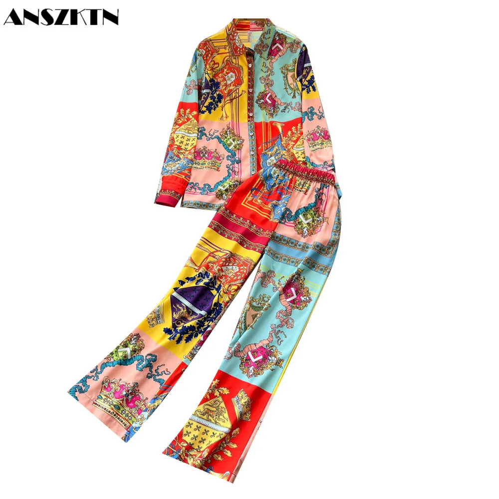 ANSZKTN kemeja motif Retro, celana kasual kaki lebar, Set dua potong untuk Eropa dan Amerika Serikat ANSZKTN