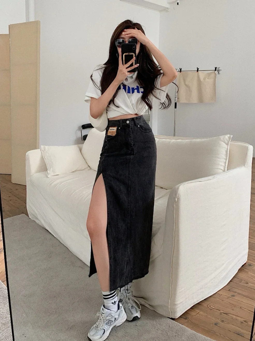 

High Waist Denim Skirt Women's Mid-Length A-Line Skirts Summer Trendy Over-Knee Slimming Split Wrap Around Skirts