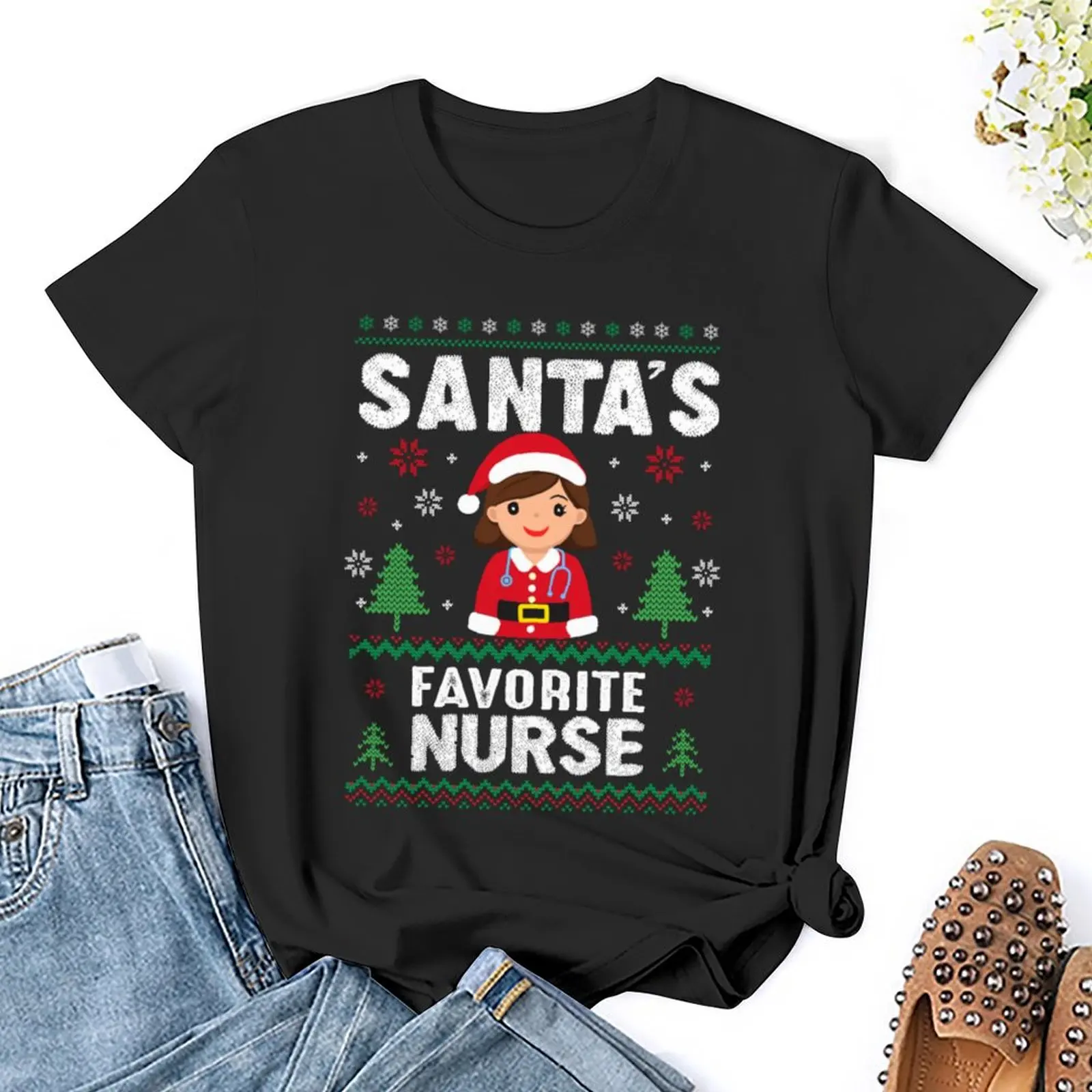 Santa's Favorite Nurse T-shirt cute tops plus size tops Women clothing