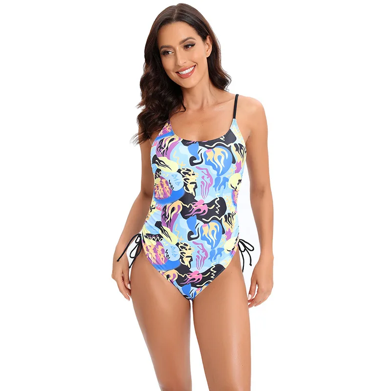 One-piece swimsuit for women, new style, split, multi-color printed bikini, double strap tube top, tight sleeveless swimsuit