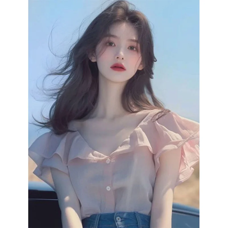 

Pink ort Sve Women's irt 2025 New Summer Faionable Chiffon Top Ele Unique High-End Feeling Polyester Fiber 00%