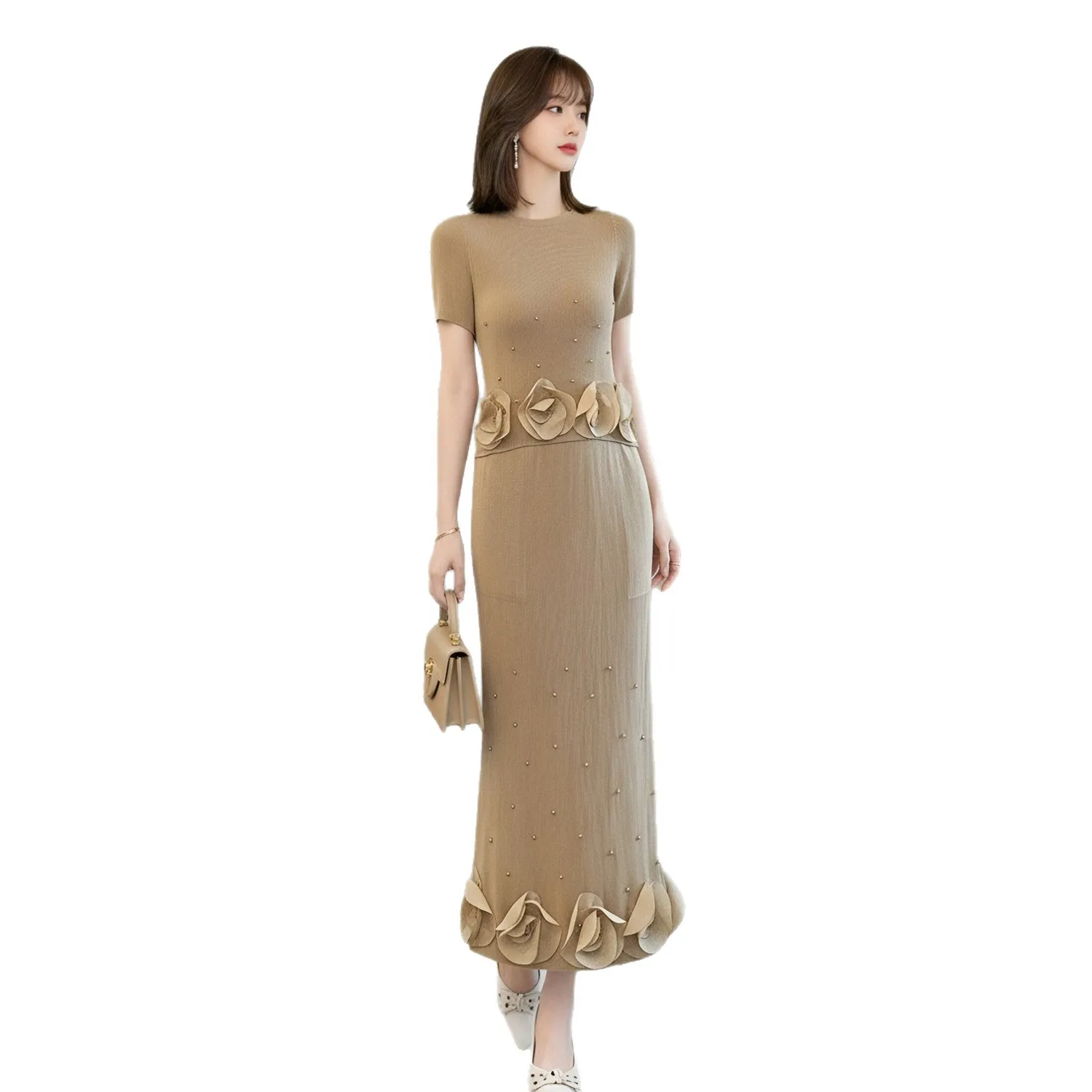 Miyake Pleated Women's Casual Suit 2026 New Summer Elegant Style Three-dimensional Floral Top and Long Skirt Two-piece Set