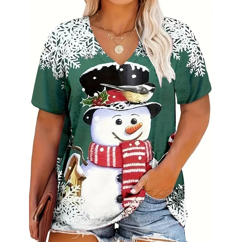 Fashion Red Christmas Day Women\'s Clothing Summer V-Neck Loose Short Sleeved Father Christmas T-Shirt Trend Hot Selling Styles