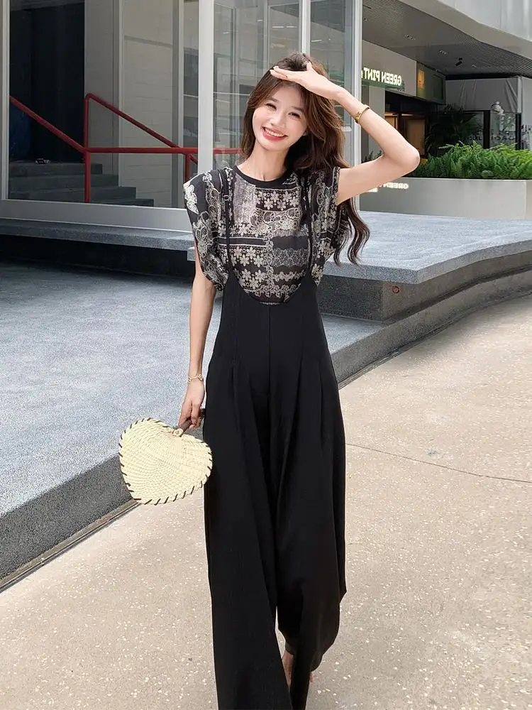 

Цельный брючный костюм с принтом в стиле ретро, женский модный комплект, летняя футболка с широкими штанинами на бретельках, повседневный комплект из двух предметов