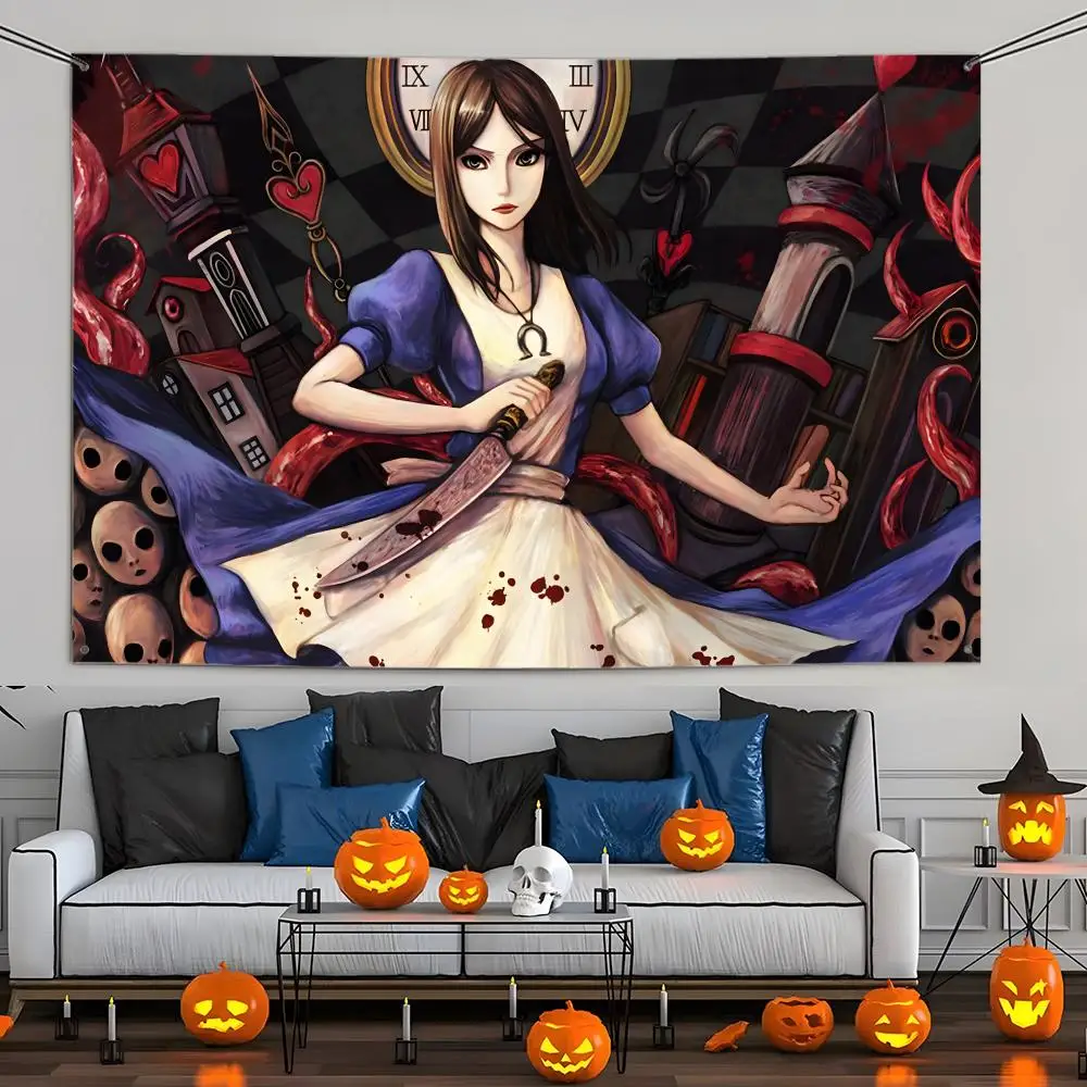 A-Alice M-Madness Returns Art Flags Aesthetic Wall Tapestry Printed Wall Hanging Living Room Party Outdoor Decor