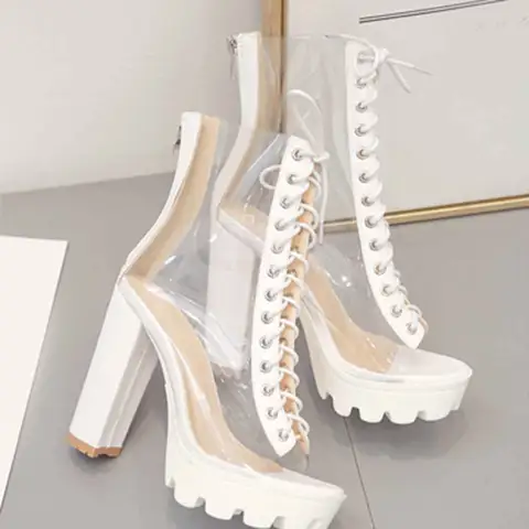 White Clear Ankle Boots Lace Up Design Chunky High Heel Party Night Out Fashion Shoes White Green Wedding Banquet Sandals