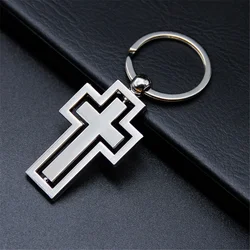 Fashion 360 Degree Rotating Cross Keychain For Men Metal Hollow Car Key Pendant With Key Ring Couple Religious Gifts