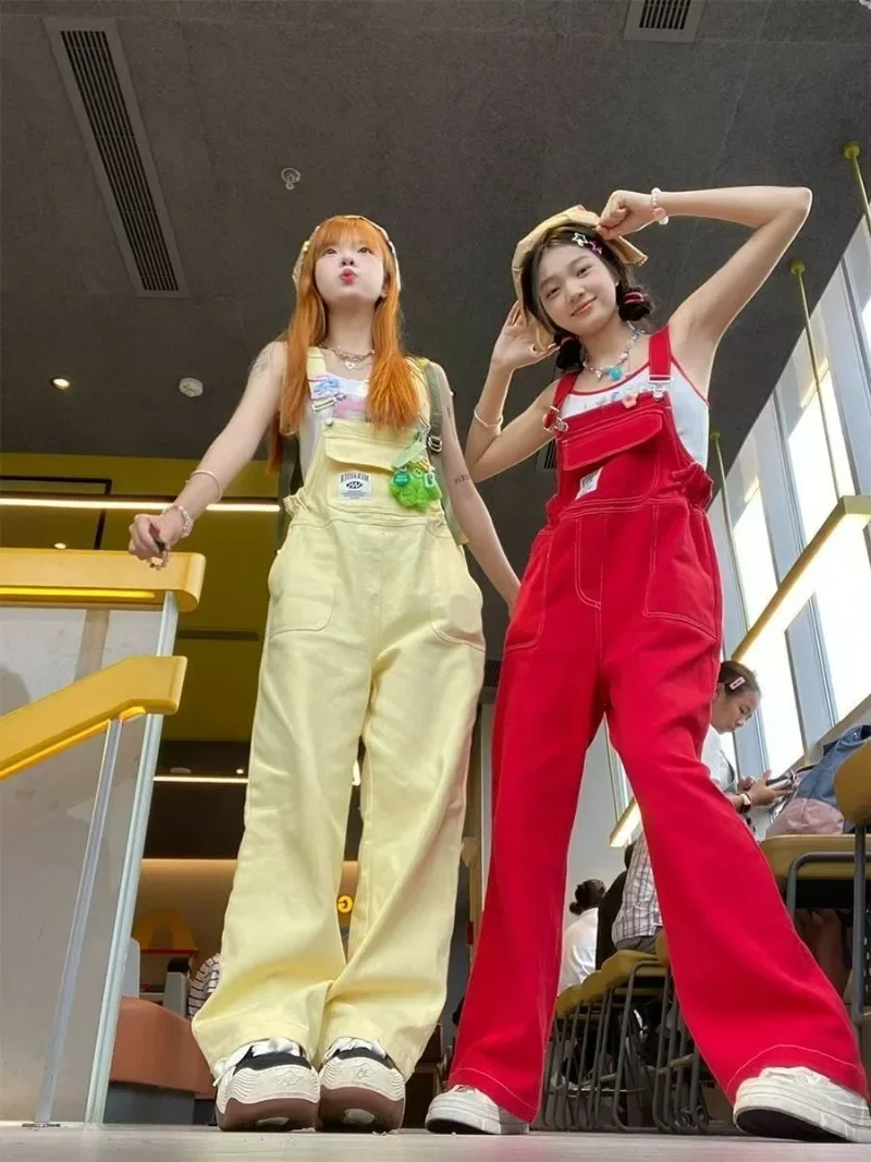 

Vintage Streetwear Jeans Women Japanese Harajuku Overalls Loose Straight Hot Girl Cartoon Printed Sweet Cool Street Pink Jeans