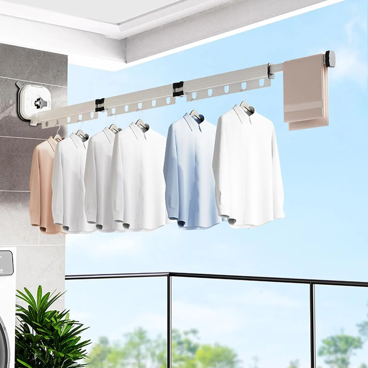 Grau/weißer ausziehbarer Wäscheständer aus Aluminium mit Saugnapf, kein Schlag, Wandmontage, tragbar, zusammenklappbar, für Zuhause und Reisen – Detail 1