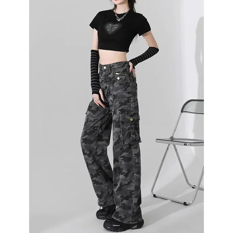 الأمريكية السراويل البضائع المموهة النساء بارد ربيع الخريف عالية الخصر السراويل سيدة خمر جيوب الجينز 2025 ملابس جديدة #3