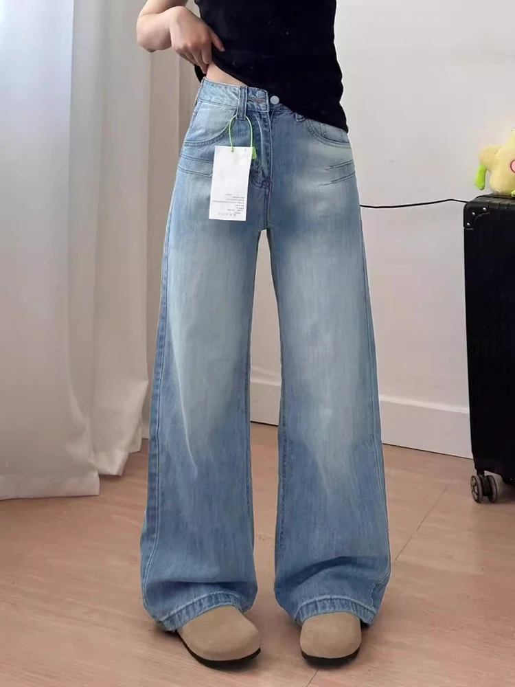 

High Waist Straight Leg Jeans Women's Spring New plus Size Loose Wide Leg Long Pants Floor Length Durable Wear Resistant