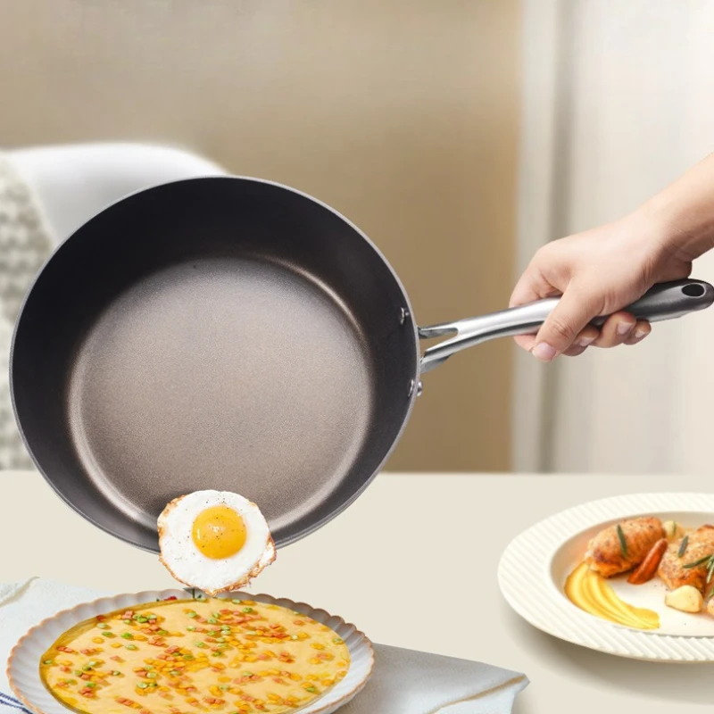 Ceramic Coating-Free Skillet for Oil-Agate, Flat Frying Pan, Warm-Proof, Lightweight Design, Smoke Reduction, Healthy