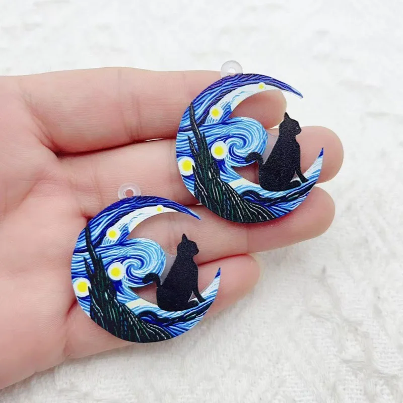 10PCS Acrylic Starry Sky Pattern Fashion Black Cat Acrylic Pendant DIY Jewelry Accessories image 3