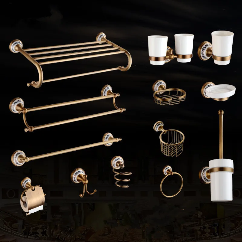Antique Copper Towel Rack Set, European Style Blue and White Porcelain Bathroom Hardware, Vintage Wall Mounted Towel Bar