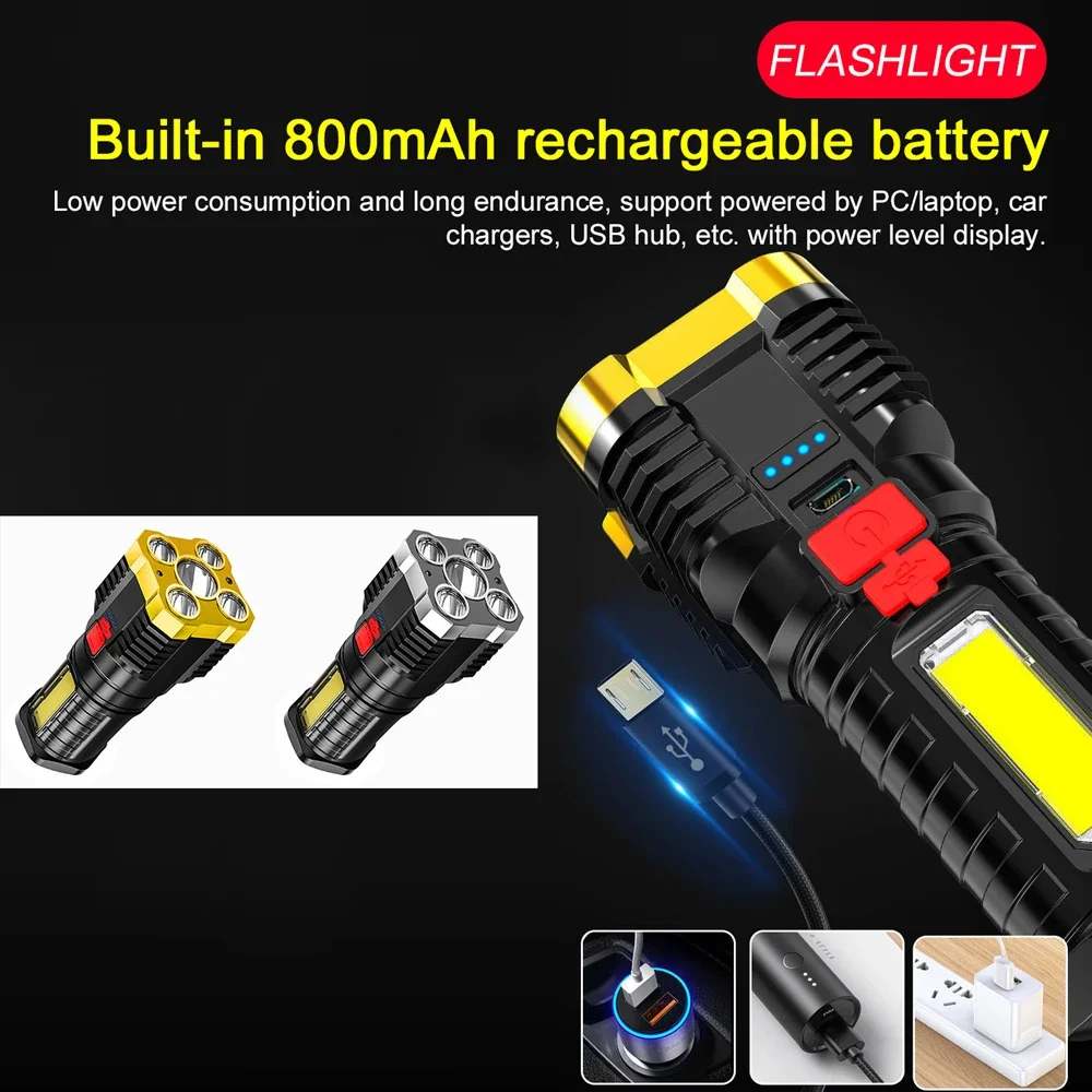 5 LED USB Rechargeable Flashlight with Sidelight High Lumen Work Light 4 Light Modes Camping Hiking Home Emergencies Use