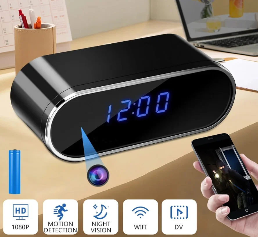 

1080P WIFI Wireless Mini Clock Camera Time Alarm Watch Security Night Vision Motion Sensor AP/IP Remote Monitor Micro Home