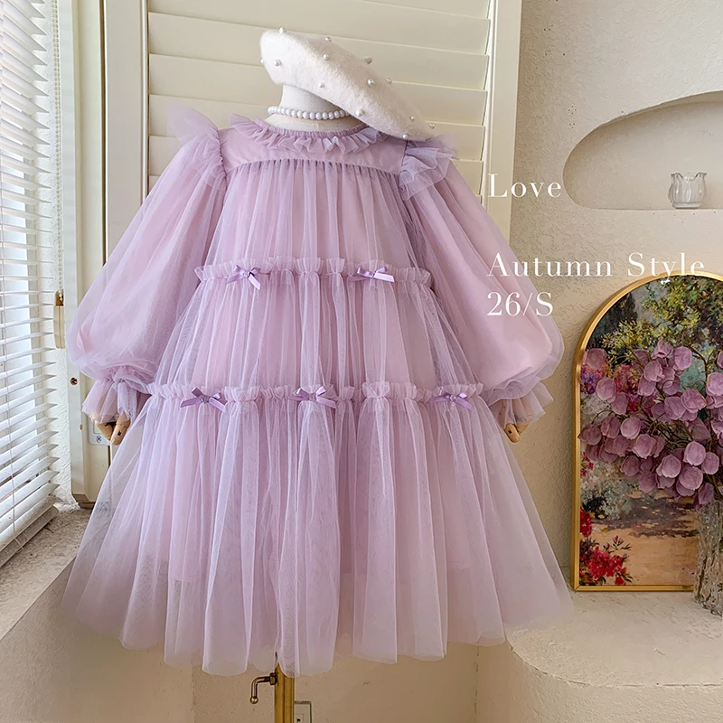 Autumn Spring New 2 -12 Years Children Princess Ball Gown Birthday Party Solid Long Sleeve Bow Tulle Dress For Kids Baby Girls