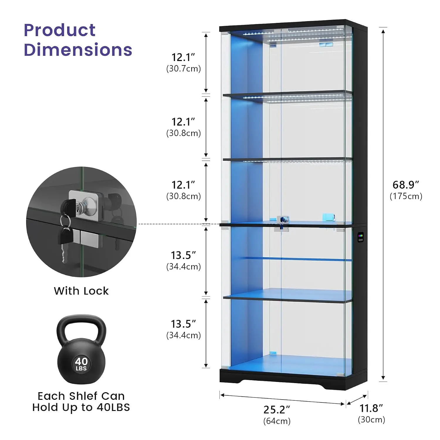 Glass Display Cabinet with Doors and RGB LED Lights | 69" Tall Curio Cabinet, 5-Tier Wooden Shelves, Lockable Display, Custom view 2