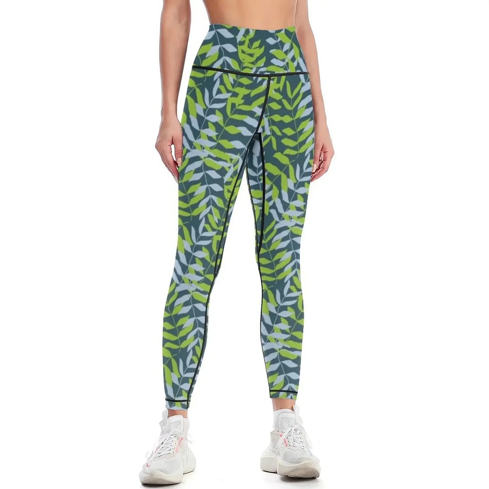 Leggings con estampado de hojas verdes y azules, ropa deportiva, legging push up, mallas para mujer