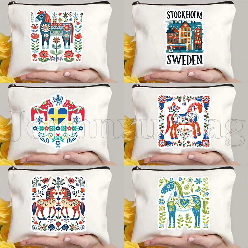 

Floral Swedish Dala Horses Stockholm Sweden Gifts Canvas Cosmetic Makeup Bag Pencil Case Zipper Pouch Toilet Storage Cotton Bags