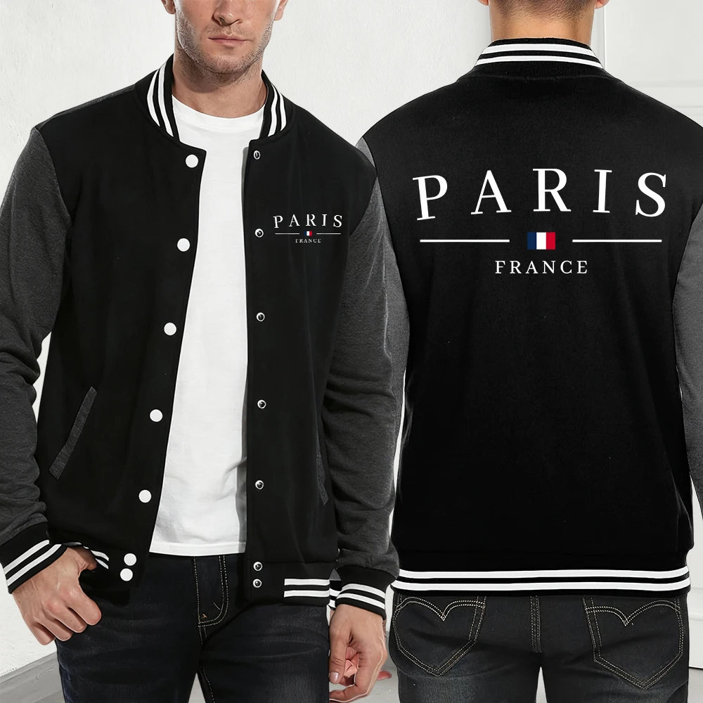 

Paris France Flag Printing Baseball Coat Mens Autumn Fleece Warm Jackets Basics Pocket Loose Tops Casual Sporty Men'S Clothes