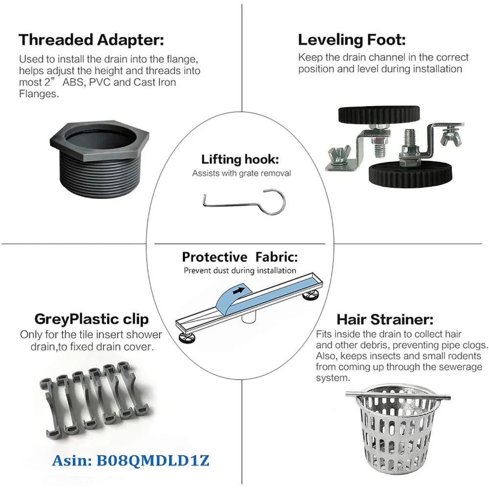 Linear Shower Drain 48-Inch with Tile Insert Grate, Brushed Stainless Steel Rectangle Floor Drain, Modern Linear Drainage System