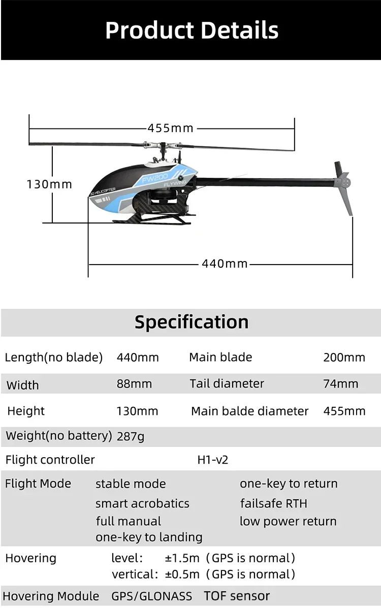 FLYWING FW200 H1 V2 Gyro RC 6CH 3D Smart GPS RC Helicopter RTF Self Stabilizing 3D Brushless Direct Drive