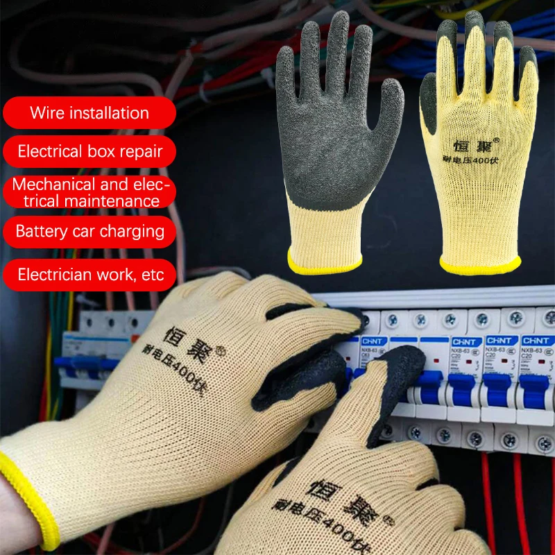 1 par de guantes aislantes de 400v, guantes de protección de seguridad antielectricidad, guantes de trabajo de electricista de goma, herramienta protectora