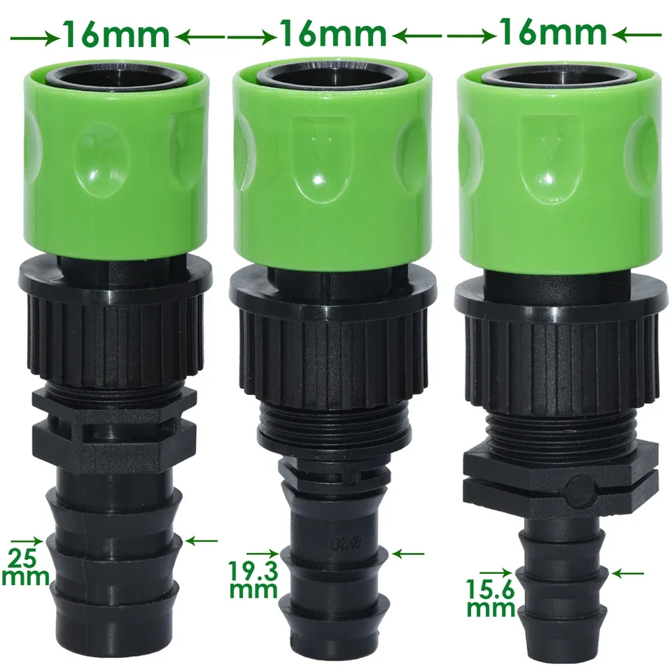 Garden irrigation adapter with 3/4 inch EURO male thread and barbed nipple for PE tubing sizes 16 mm and 20 mm used in drip wate