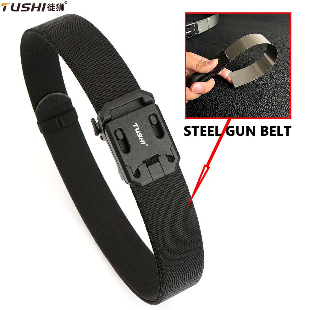 เข็มขัดเหล็กแบบแม่เหล็กอัตโนมัติ TUSHI รุ่นใหม่ เข็มขัดทหารสำหรับผู้ชาย เข็มขัดไนลอนแข็งแบบยุทธวิธี อุปกรณ์เสริมสำหรับกิจกรรมกลางแจ้ง IPSC