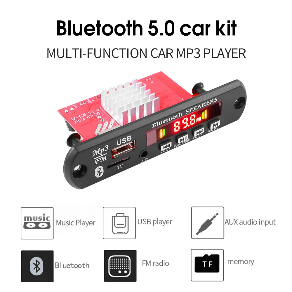 블루투스 5.0 앰프 DIY MP3 WAV 디코더 보드, DC 12V 무선 자동차 USB MP3 플레이어, TF 카드 슬롯, USB FM, 마이크 포함, 60W, 50W, 40W