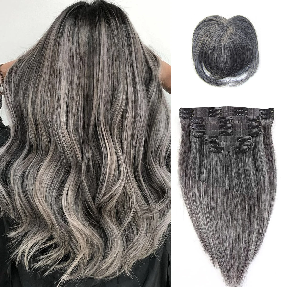 Salt Pepper Seamless PU Clip In Hair Extensions Прямые человеческие волосы Уток кожи Серый цвет волос Clip Ins Человеческие волосы для женщин