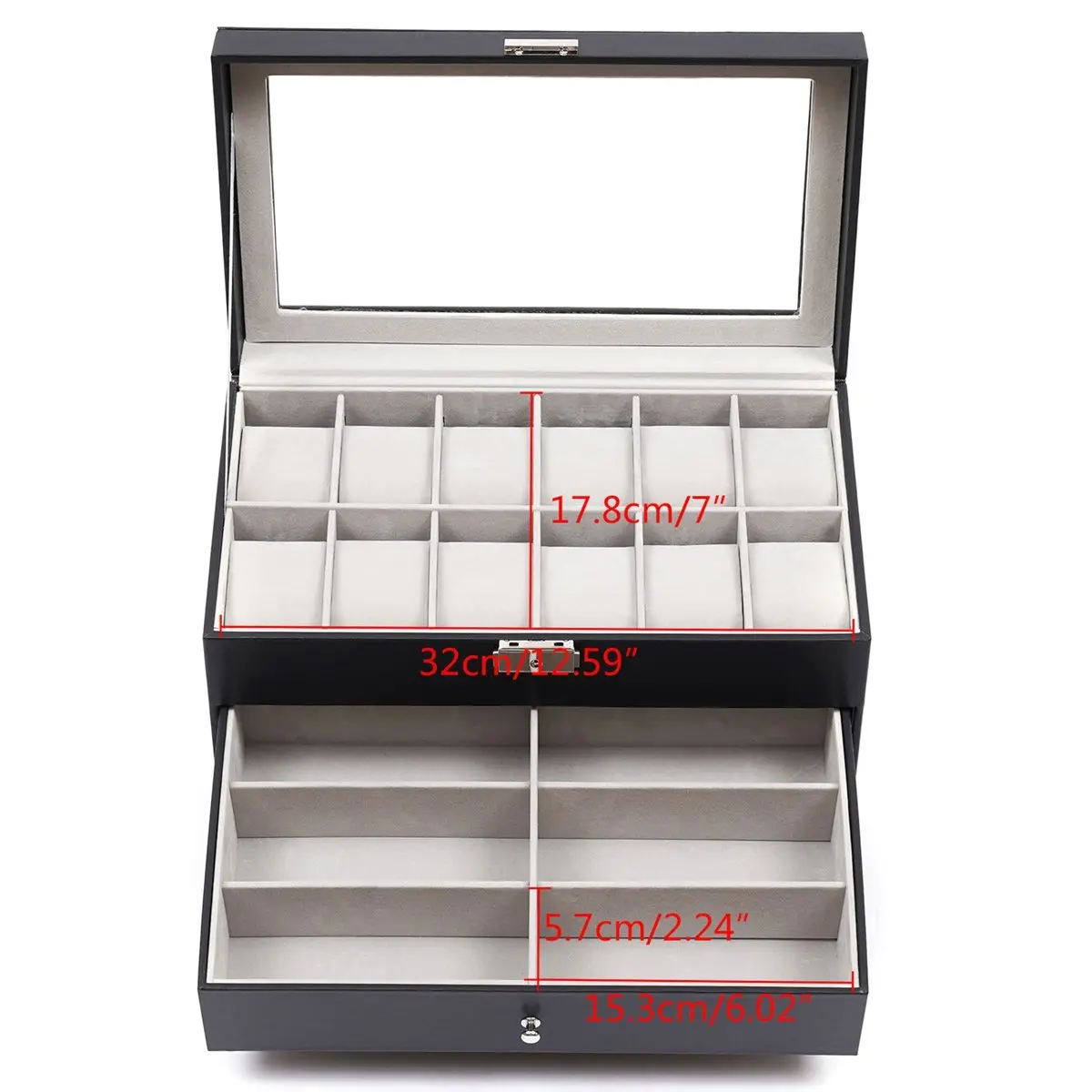 A67T NEW Watch and Eyeglasses&Sunglasses Box 3 Layer Leather Black with Jewelry Display Drawer Metal Buckle Case Organizer