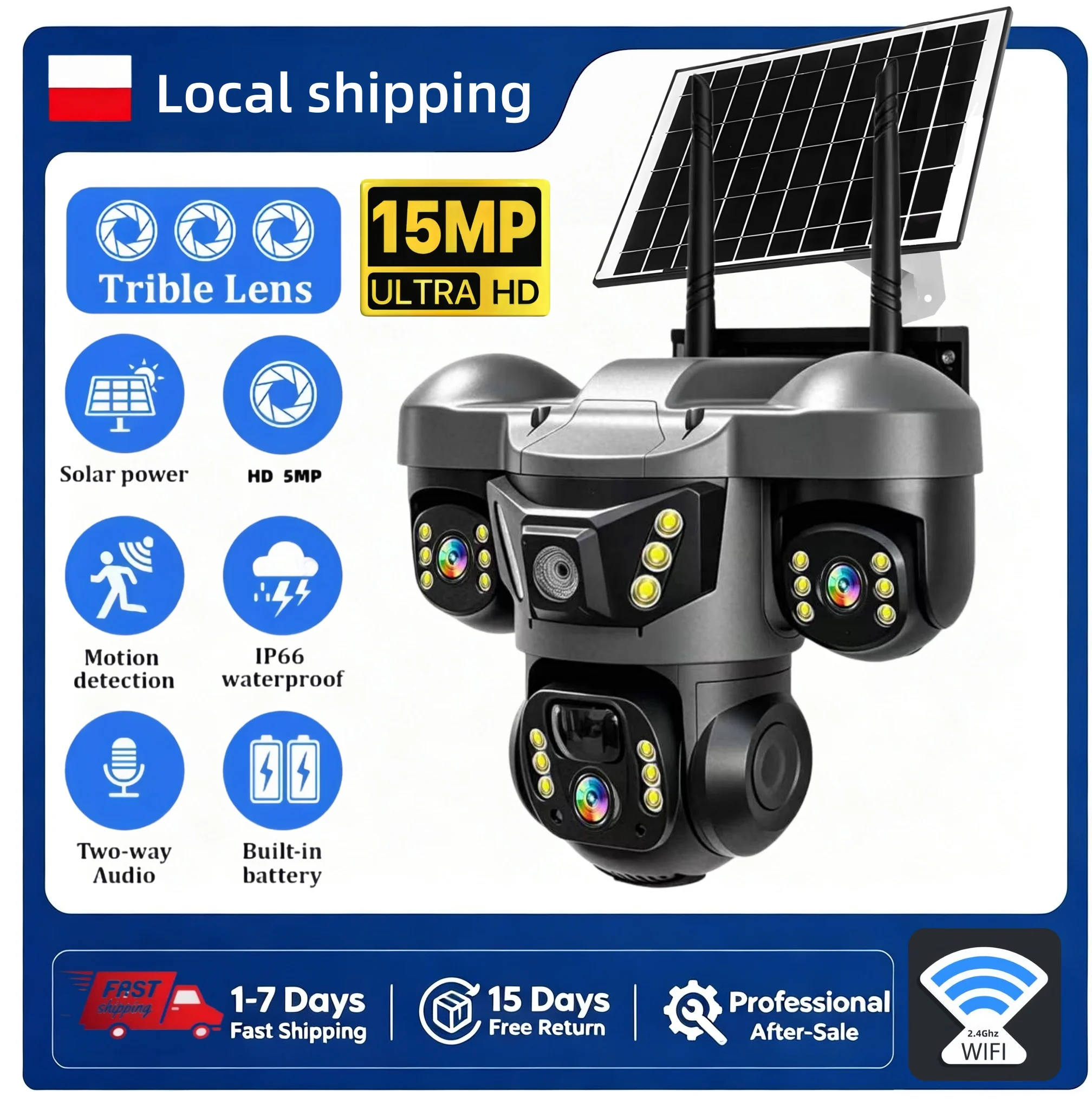 Caméra de surveillance solaire WiFi V380, 15MP, 3 objectifs, 3 écrans, zoom optique 10x, détection de mouvement PIR, vision nocturne, caméra de sécurité CCTV étanche