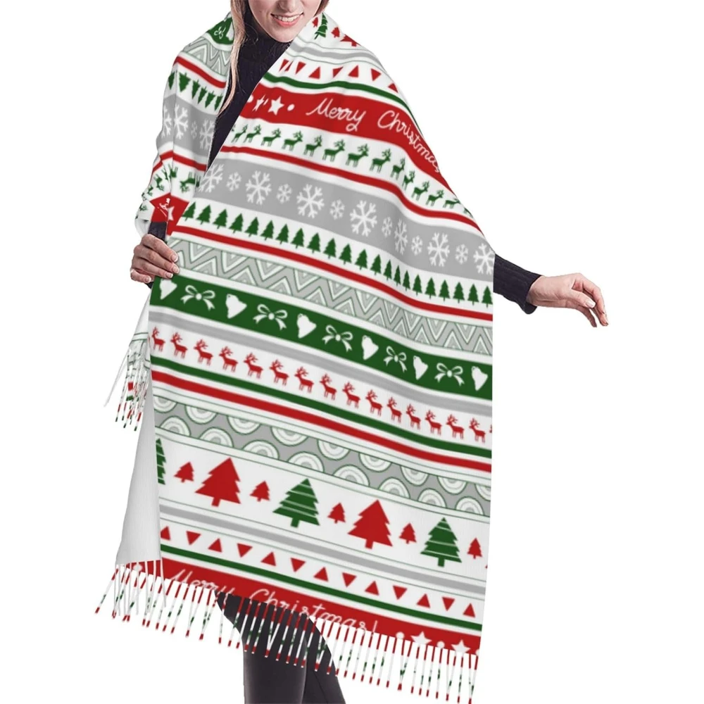 

С Рождеством 2024, милые шарфы с узором Санта-Клауса для женщин, мягкие шарфы-шали, длинные накидки, женский легкий шарф с кисточками