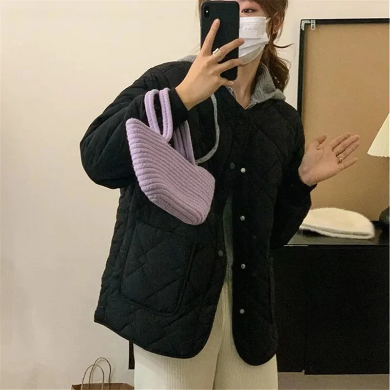 Parka Diamond Plaid Large Pocket Cotton Jacket For Women Autumn Winter 2023New Cotton Jacket With Solid Color Warm Jacket Black