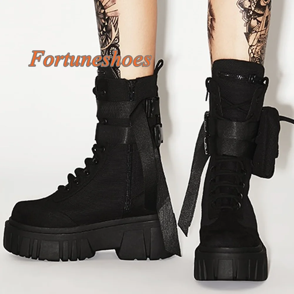 

Platform Cross Tied Mid Calf Boots Solid Black Side Zipper Round Chunky Heel Boots Casual Fashion 2025 New Arrivals Winter Boots