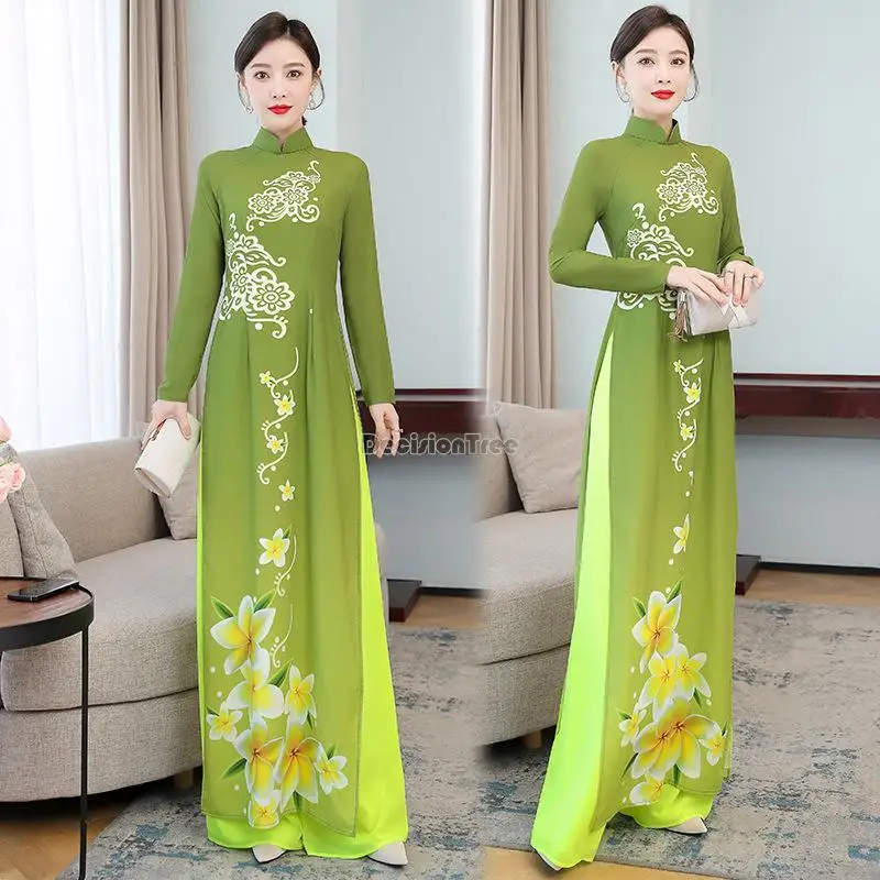 Green slim vietnam aodai long sleeve dress women traditional chinese vintage elegant qipao top+pants sets asian chiffon dress