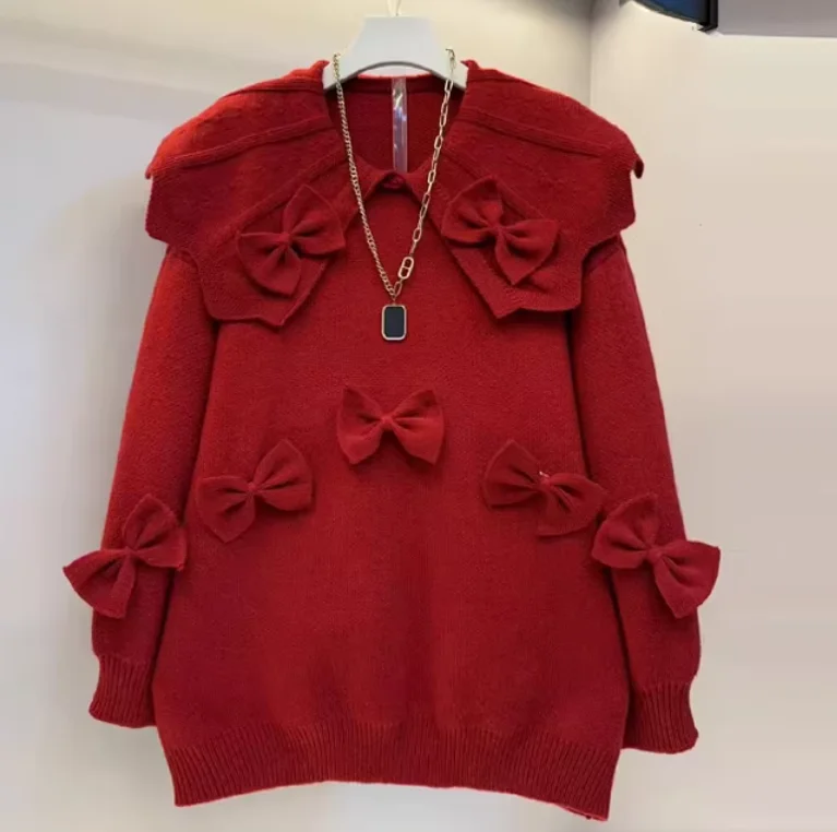 Sweat-shirt à manches longues pour femme, col Peter Pan, grande taille, automne-hiver, rouge, nouvelle année, réduction d'âge, style coréen, pull de Noël