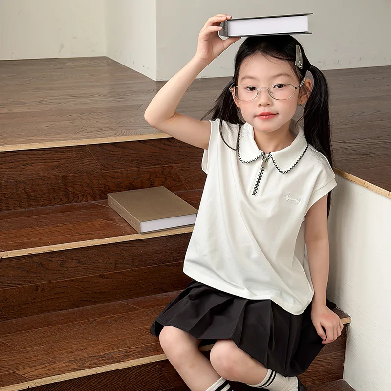 Girls Simple Clean and Refreshing Top Children Girls College Style Turn-down Collar Shirt T-shirt 2026 Summer New
