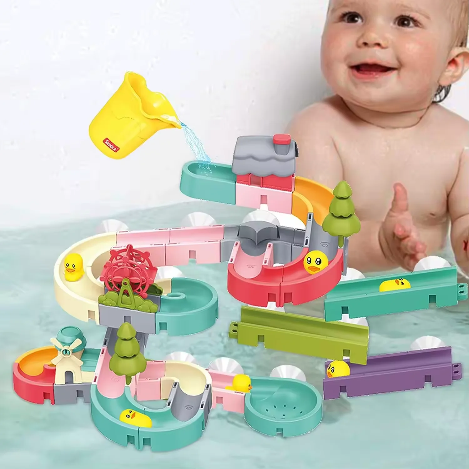 DIY Assembling Track Slide Suction Cup Baby Bath Tub Toy Baby Bathroom Bathtub Shower Toy Set Duck Water Toys for Todder Xmas