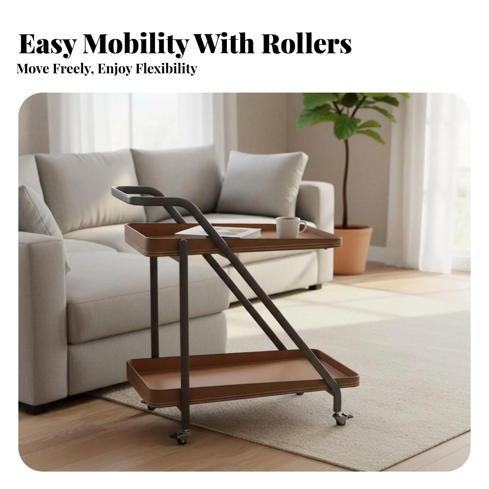 

2-Tier Rolling Trolley Mobile with casters Side Table Minimalist Design Multifunctional for Homeowners, Students, Kitchen