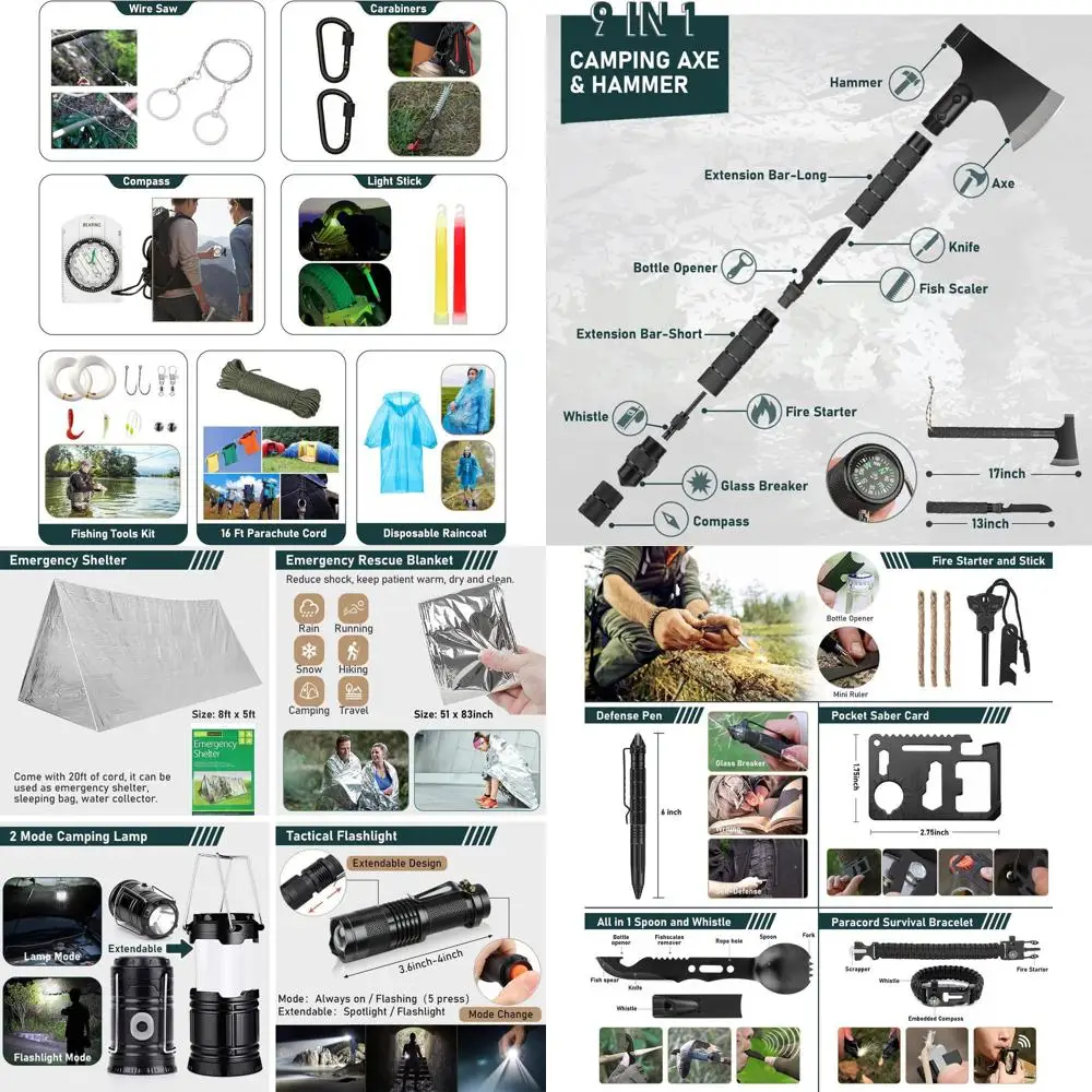 

Survival Kit, 262Pcs Survival Gear and Supplies with First Aid Kit Pouch and Crossbody Bag, Emergency Kit with Tent, Camping Axe