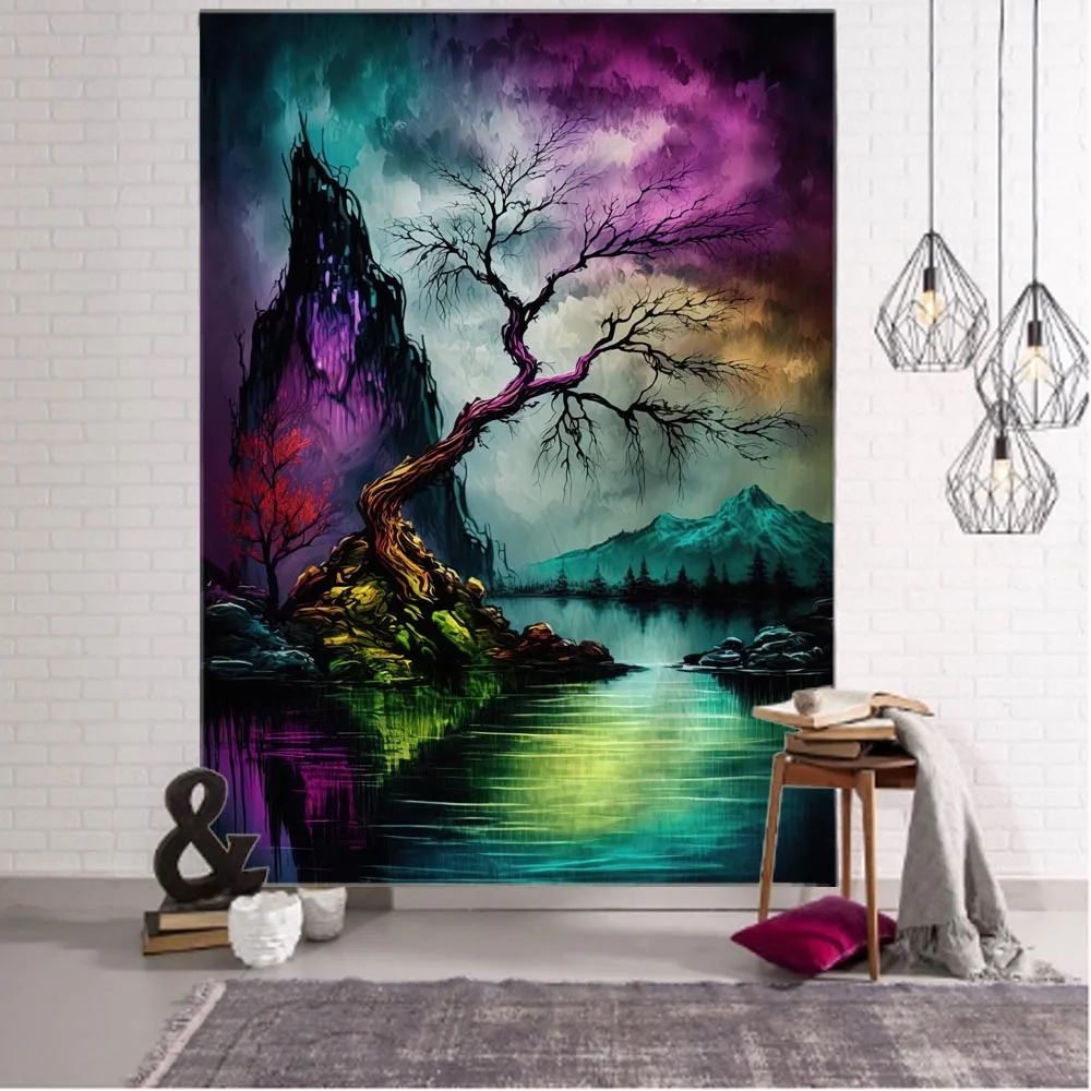 

Landscape oil painting, tapestry, forest lake wall hanging, aesthetic home decoration, living room, multi size background cloth