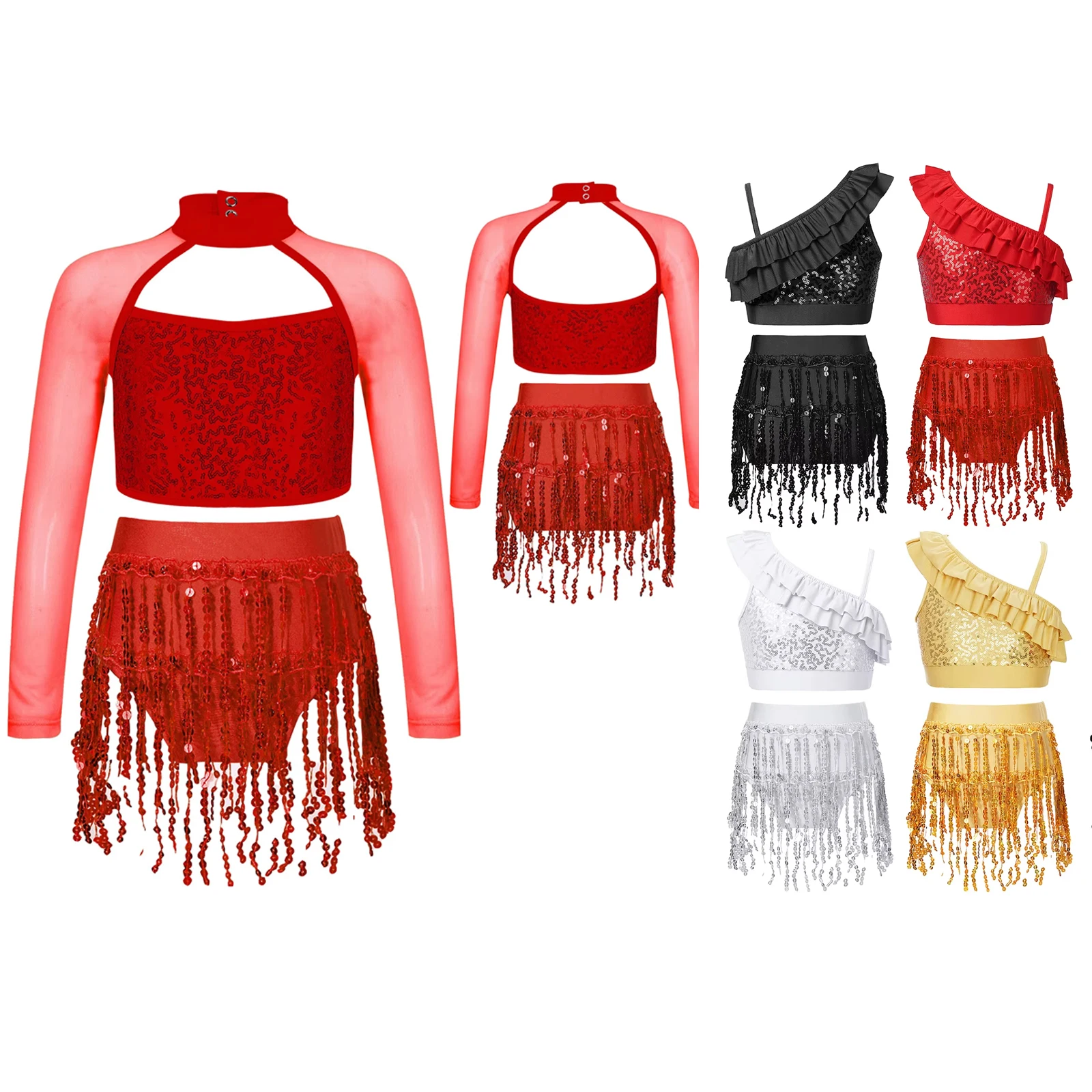 

Kids Girls Shiny Sequins Dress for Modern Jazz Latin Dance Ballet Dancewear Set Cheerleading Stage Performance Costume Outfits